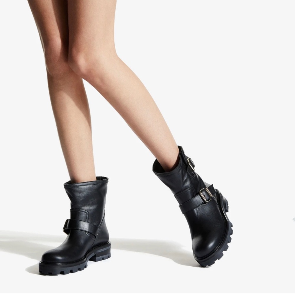 Jimmy Choo Youth ll Womens Black smooth Leather Biker Boots Sz 7.5 EU 37.5 New
